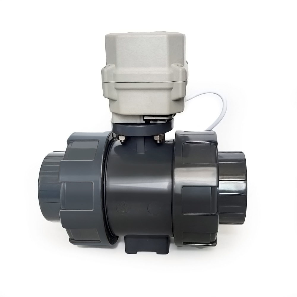 UPVC電動(dòng)2通球閥活由壬接頭BSP/NPT，德標(biāo)承插口，PVC二通電動(dòng)球閥帶15牛米執(zhí)行器帶指示帶手動(dòng)，三線(xiàn)二控